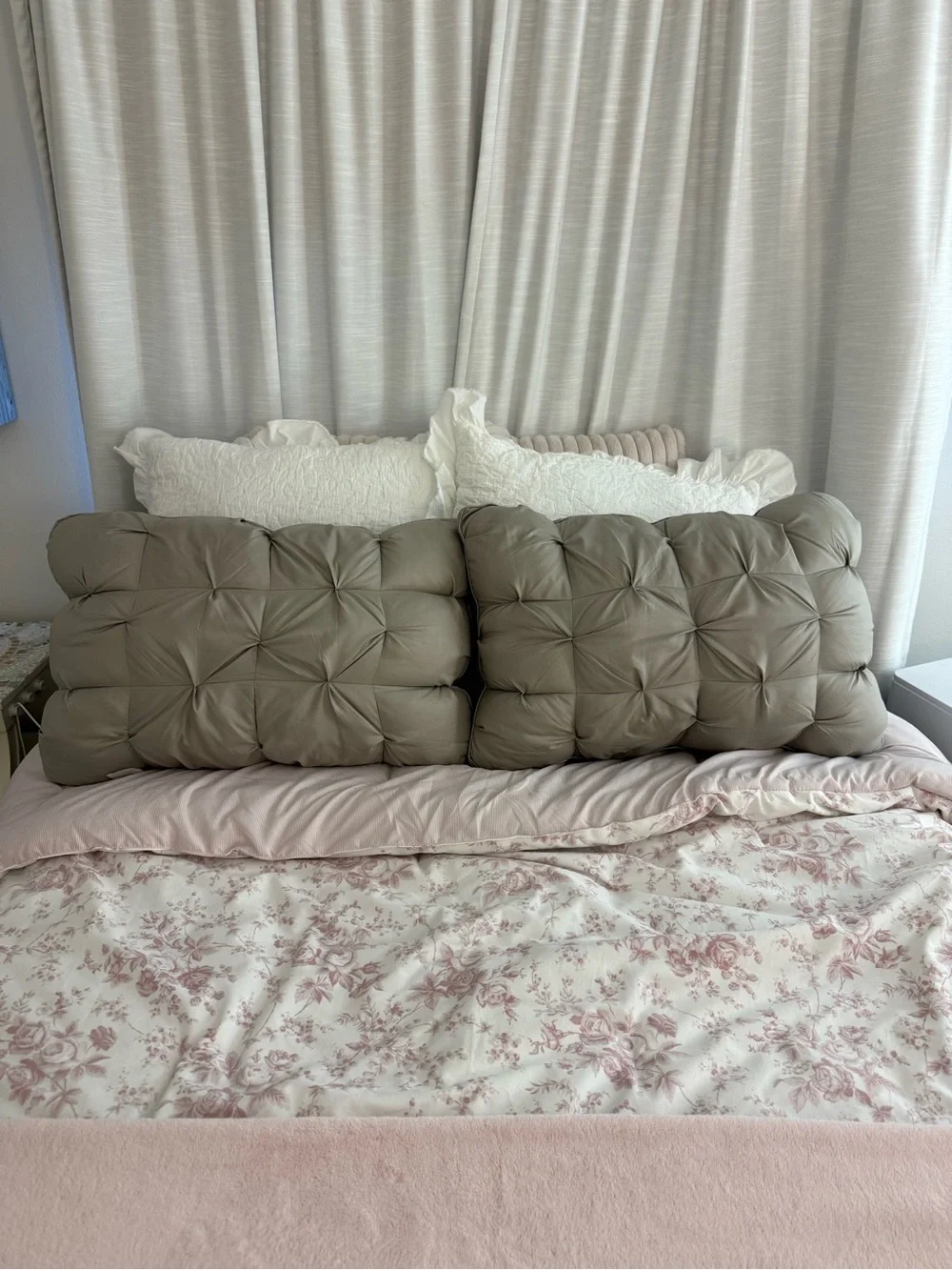 Tufted Decorative Bed Pillow Pair in Gray : Satin, 2 Standard Sized Pillows